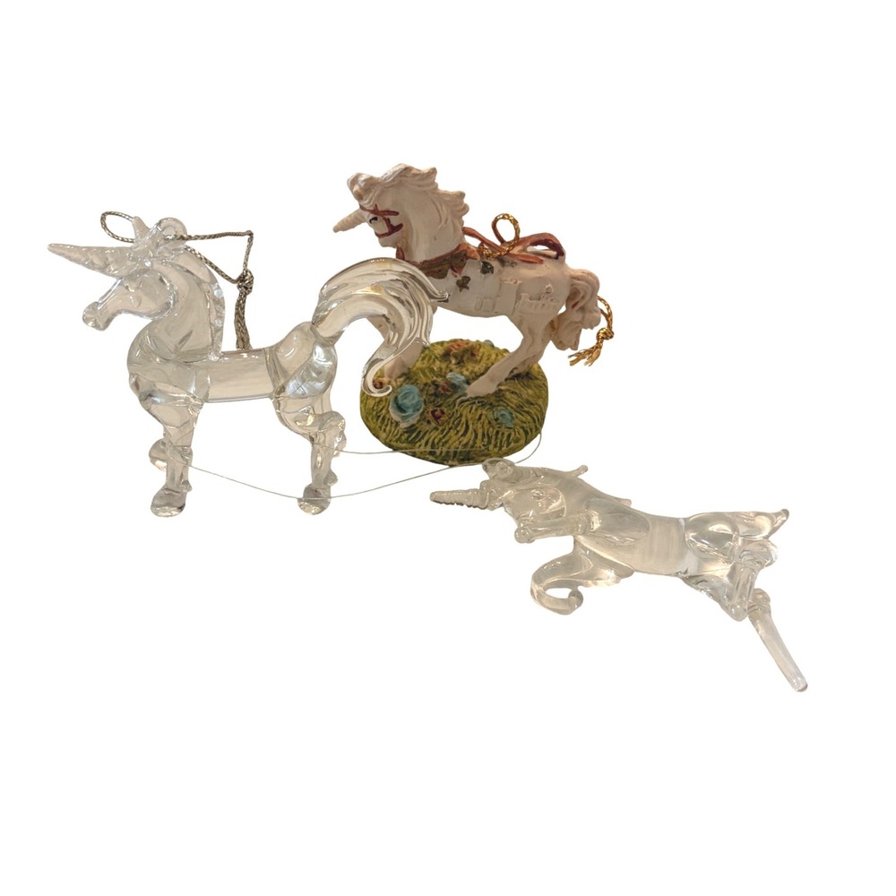 Vintage Unicorn Ornament Set Resin Handcrafted Silver City Clear Glass Style 3pc